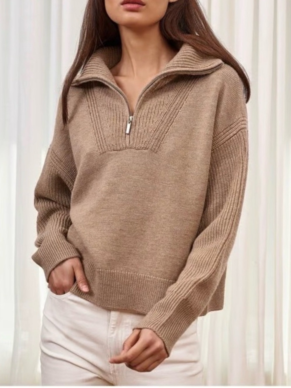 La Ligne Bastien Zip Wide Collar Long Sleeve Knit Merino Wool Sweater Tan Small